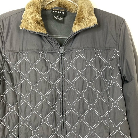 Athleta | Brown Quilted Fur Collar Jacket M - Picture 2 of 4